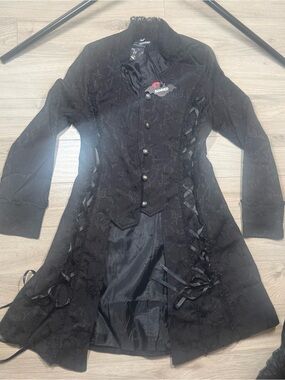 Banned Black Lace Gothic Long Coat with Ribbon Corset Sides